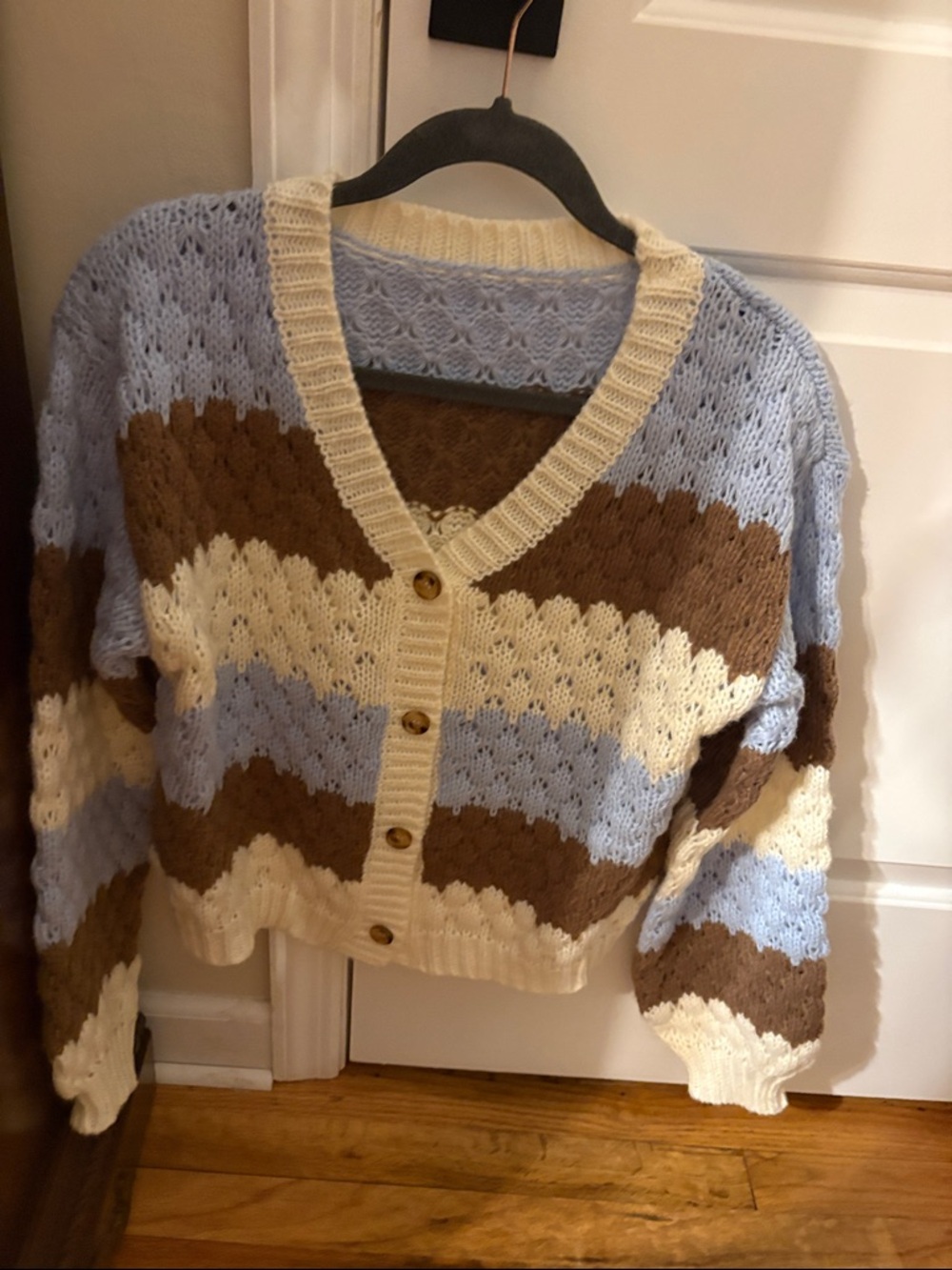 Chunky V-Neck Stripe Button-Front Cardigan Sweater in Blue, Brown & Cream